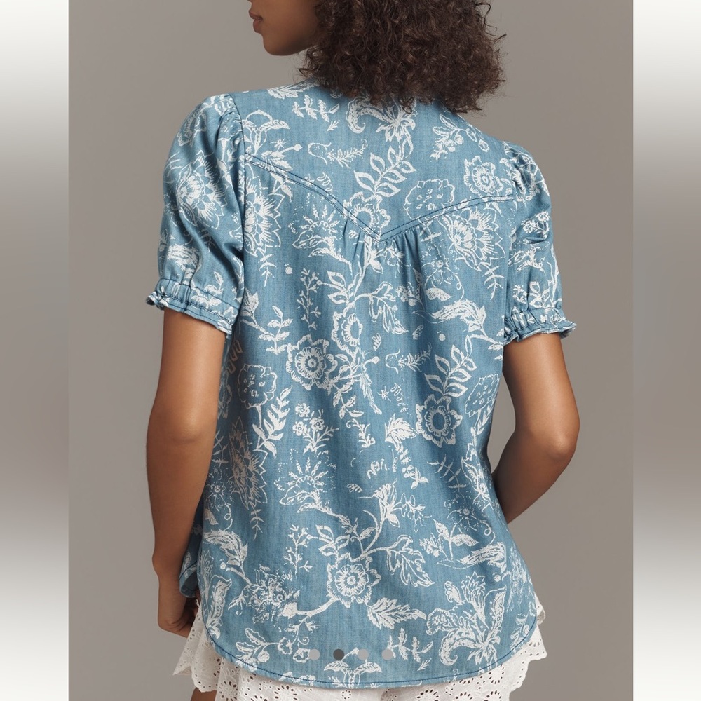 Anthropologie The Aly Puff-Sleeve Blouse by Pilcro Blue White SIZE XS NEW - Picture 2 of 7